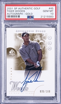 2001 SP Authentic Golf "Authentic Stars" Autograph Gold #45 Tiger Woods Signed Rookie Card (#035/100) – PSA GEM MT 10